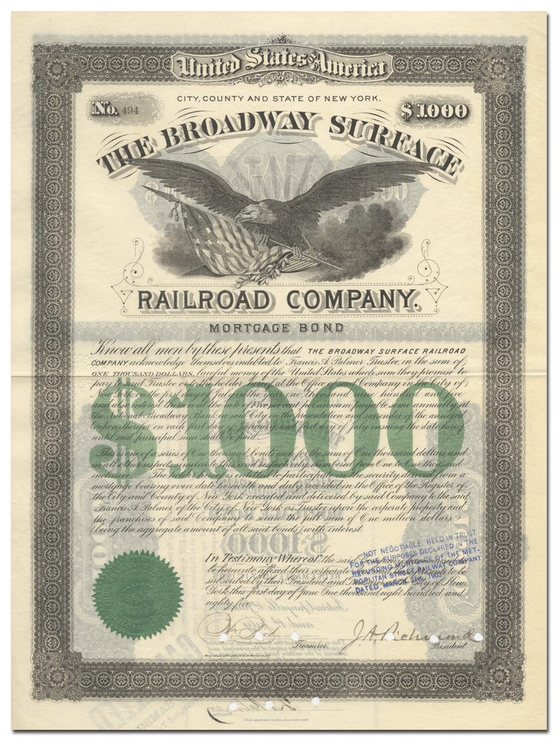 Broadway Surface Railroad Company Bond Certificate