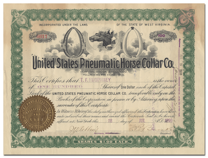 United States Pneumatic Horse Collar Co. Stock Certificate