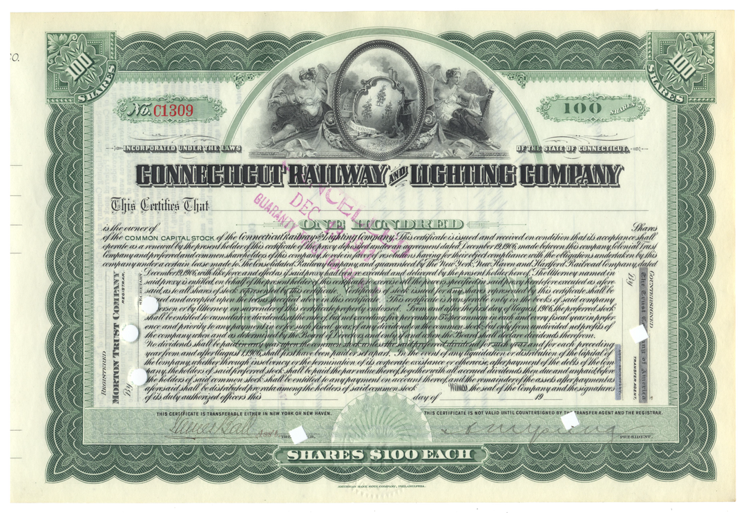 Connecticut Railway and Lighting Company Stock Certificate