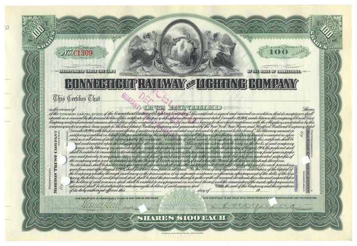 Connecticut Railway and Lighting Company Stock Certificate