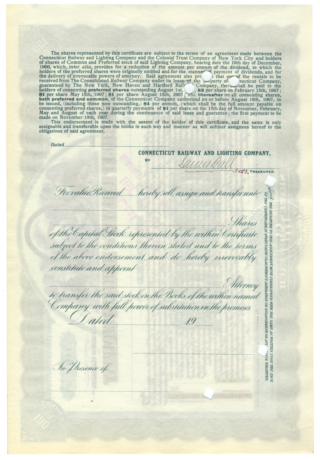 Connecticut Railway and Lighting Company Stock Certificate