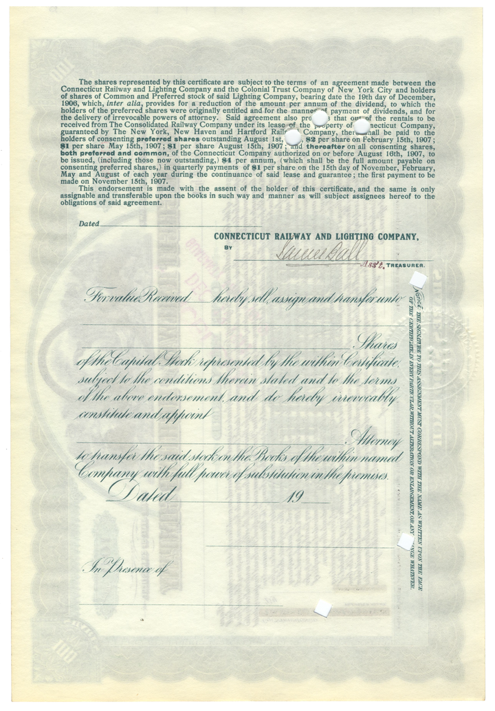 Connecticut Railway and Lighting Company Stock Certificate