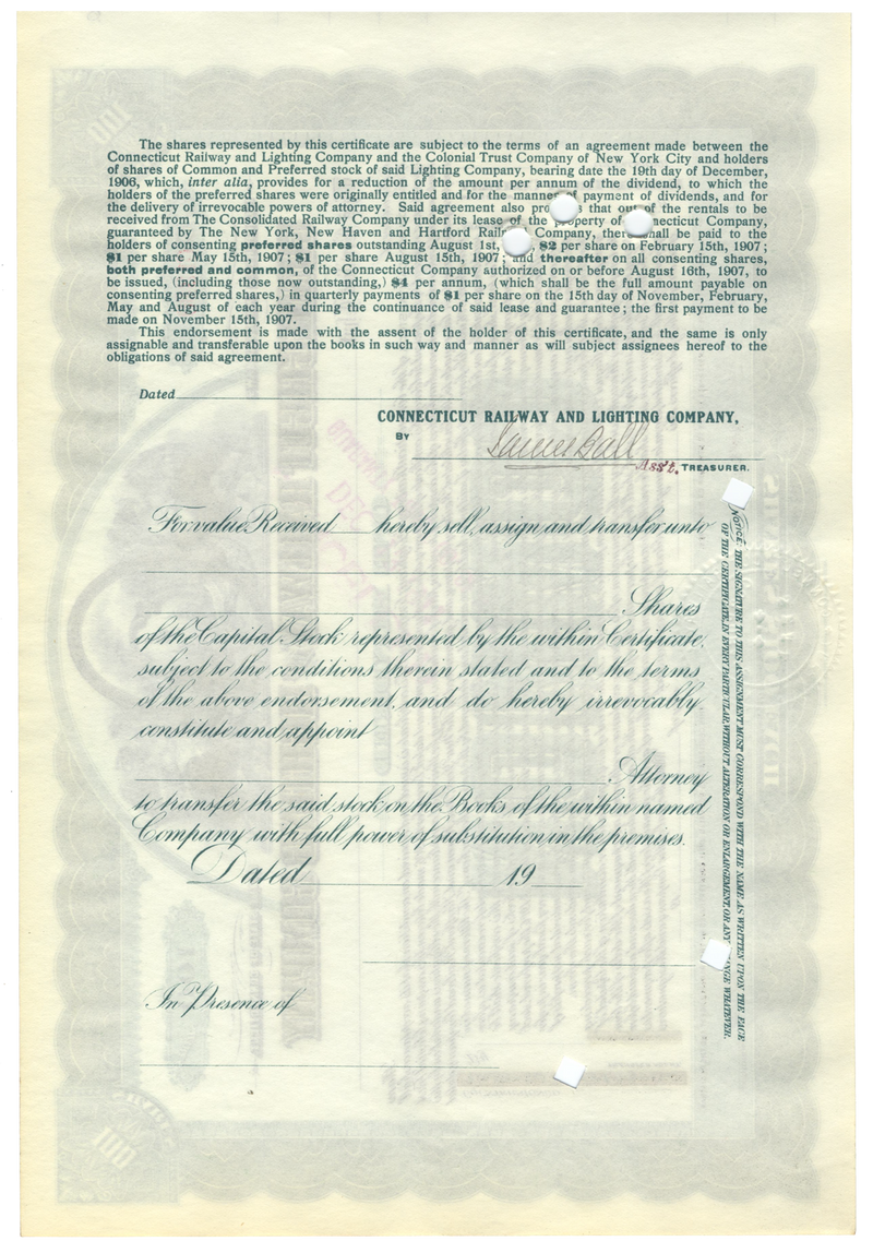 Connecticut Railway and Lighting Company Stock Certificate