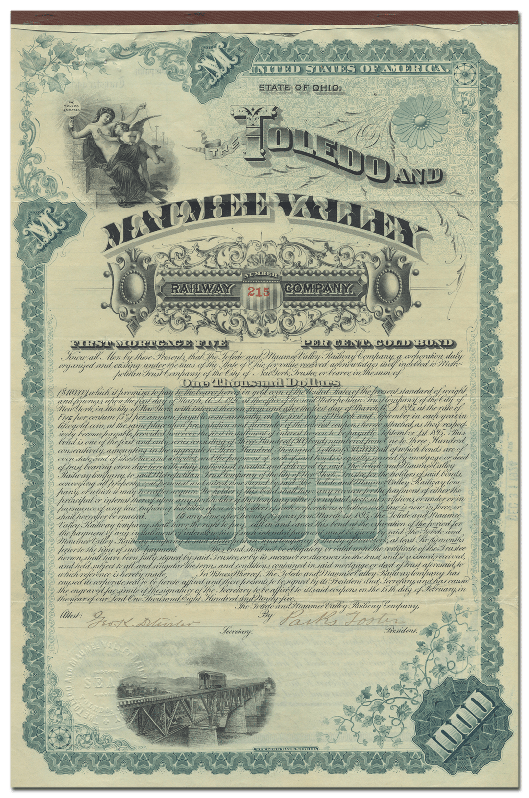 Toledo and Maumee Valley Railway Company Bond Certificate