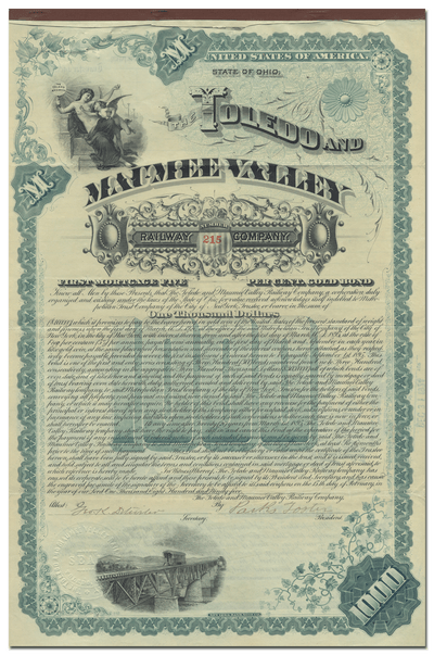 Toledo and Maumee Valley Railway Company Bond Certificate