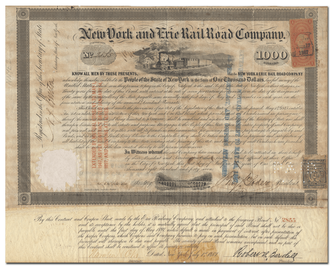 Erie and New York Rail Road Company Bond Certificate Signed by Millard Fillmore