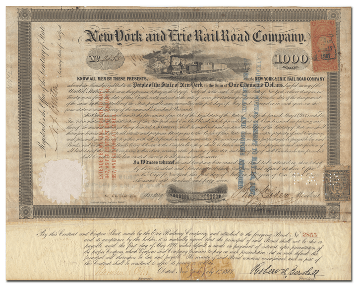 Erie and New York Rail Road Company Bond Certificate Signed by Millard Fillmore