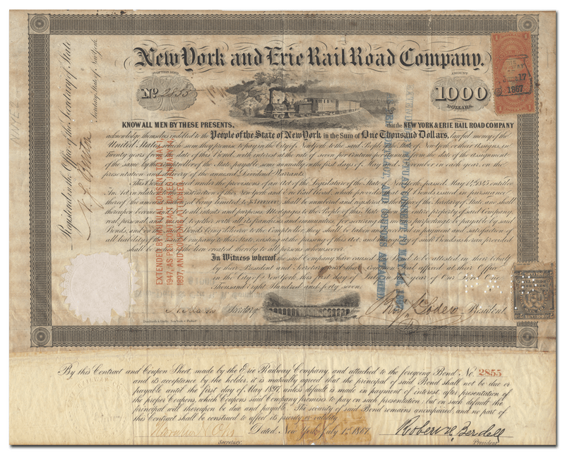 Erie and New York Rail Road Company Bond Certificate Signed by Millard Fillmore