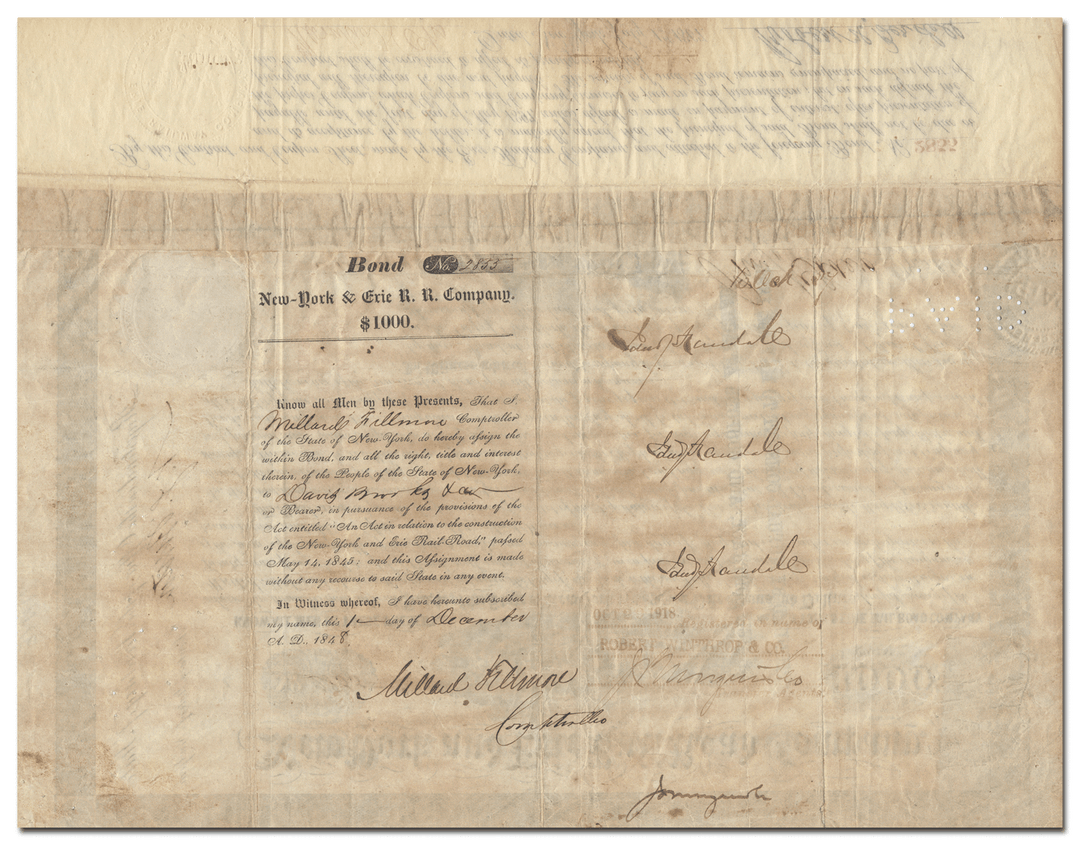 Erie and New York Rail Road Company Bond Certificate Signed by Millard Fillmore (Back, with Fillmore's Signature)