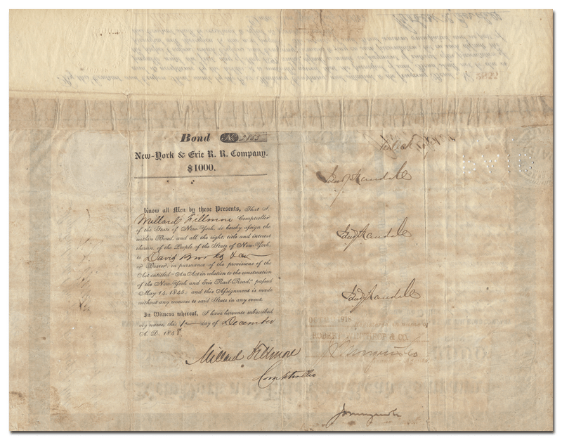Erie and New York Rail Road Company Bond Certificate Signed by Millard Fillmore (Back, with Fillmore&