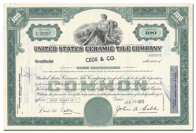 United States Ceramic Tile Company Stock Certificate