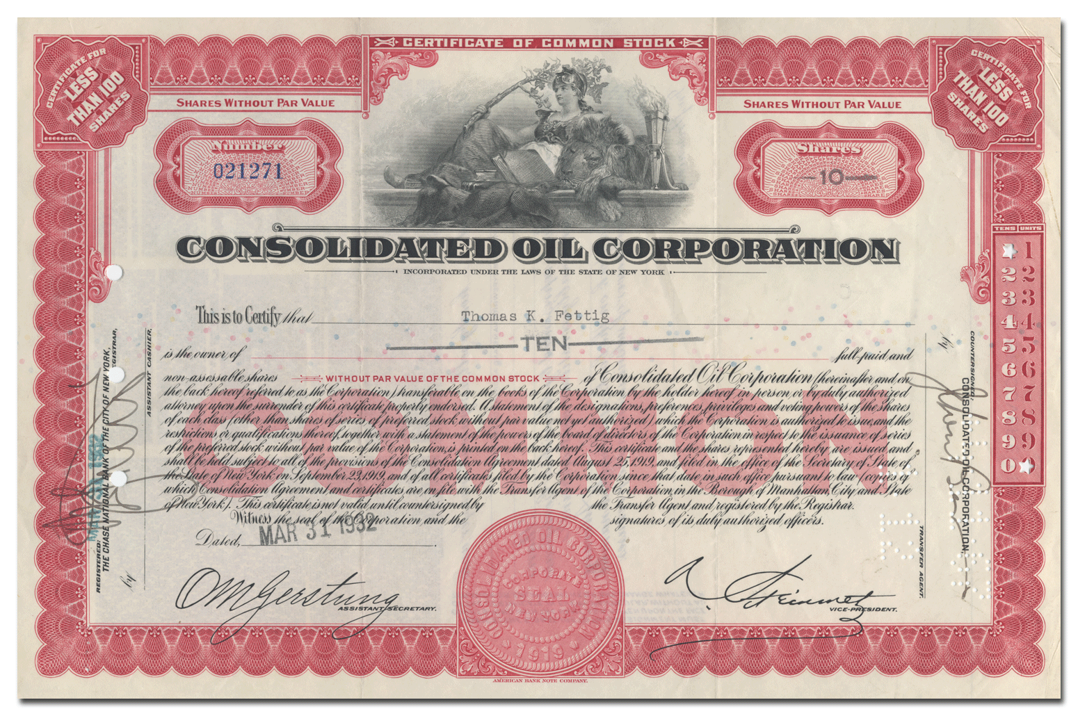 Consolidated Oil Corporation Stock Certificate - Ghosts of Wall Street