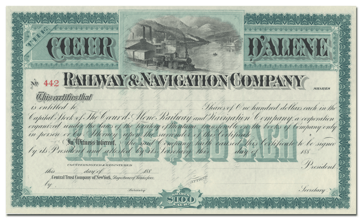 Coeur d'Alene Railway & Navigation Company Stock Certificate