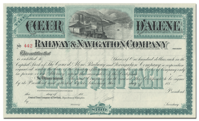 Coeur d'Alene Railway & Navigation Company Stock Certificate