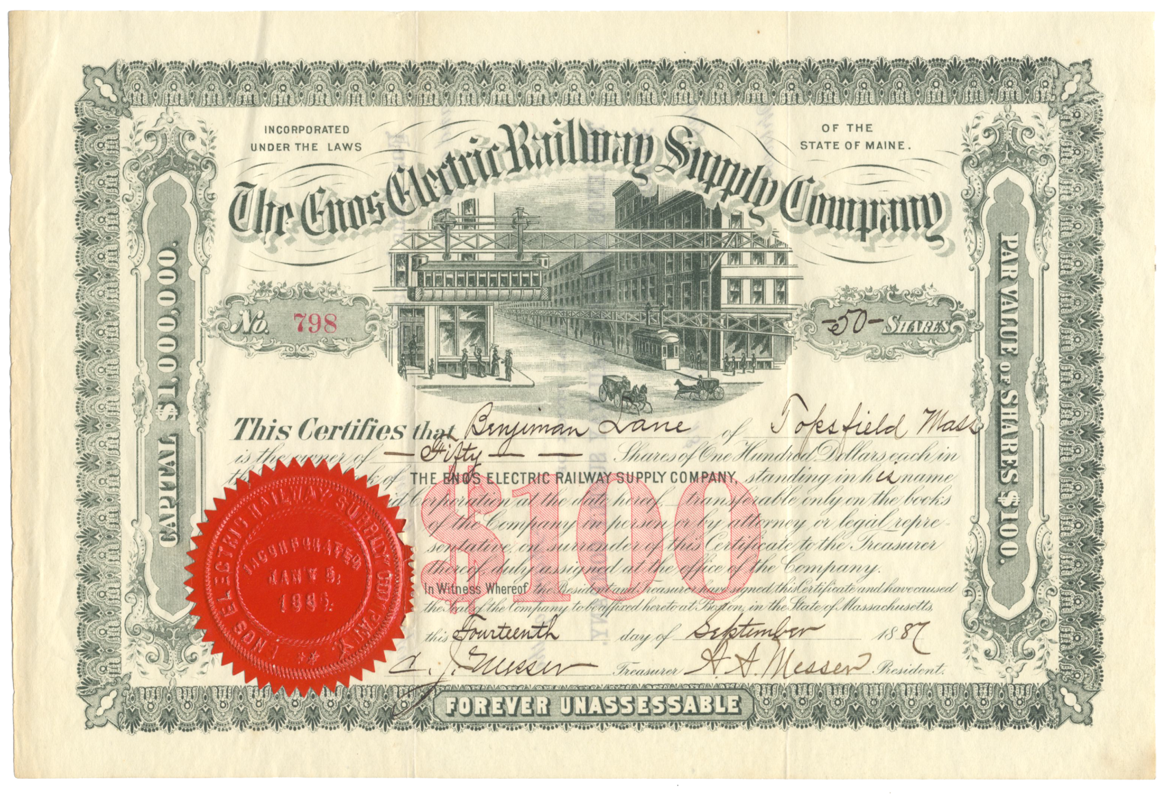 Enos Electric Railway Supply Company Stock Certificate