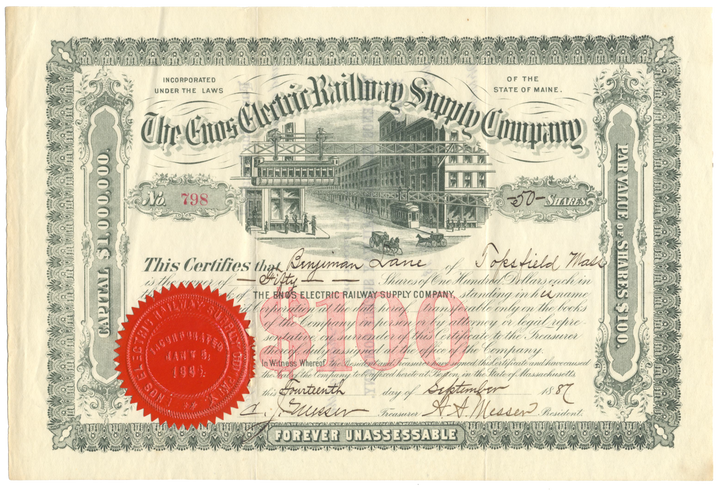 Enos Electric Railway Supply Company Stock Certificate