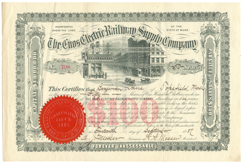 Enos Electric Railway Supply Company Stock Certificate