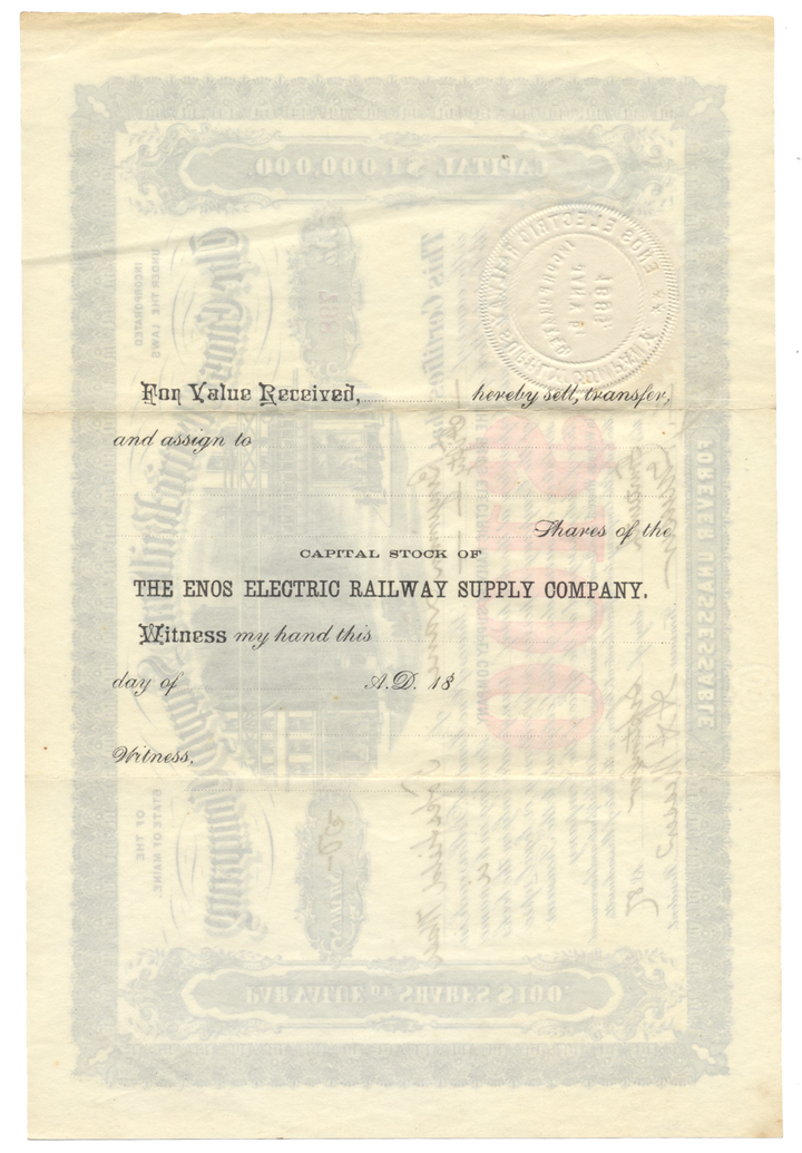 Enos Electric Railway Supply Company Stock Certificate