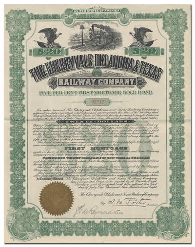 Cherryvale, Oklahoma & Texas Railway Company Bond Certificate