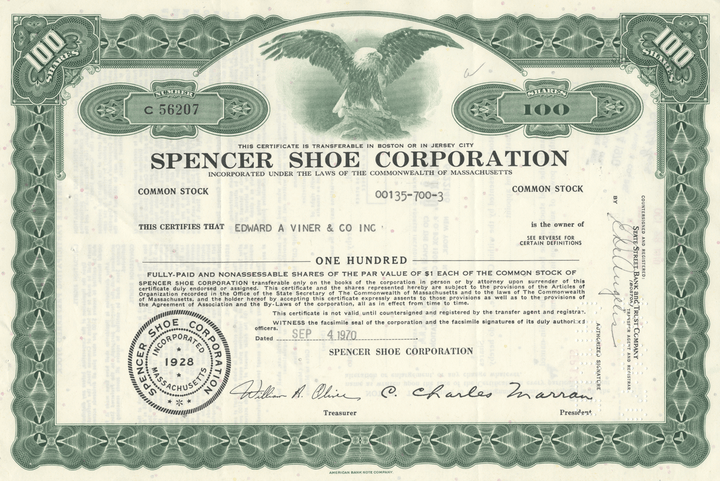 Spencer Shoe Corporation Stock Certificate