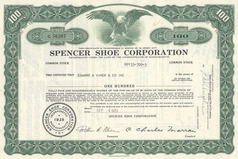 Spencer Shoe Corporation Stock Certificate