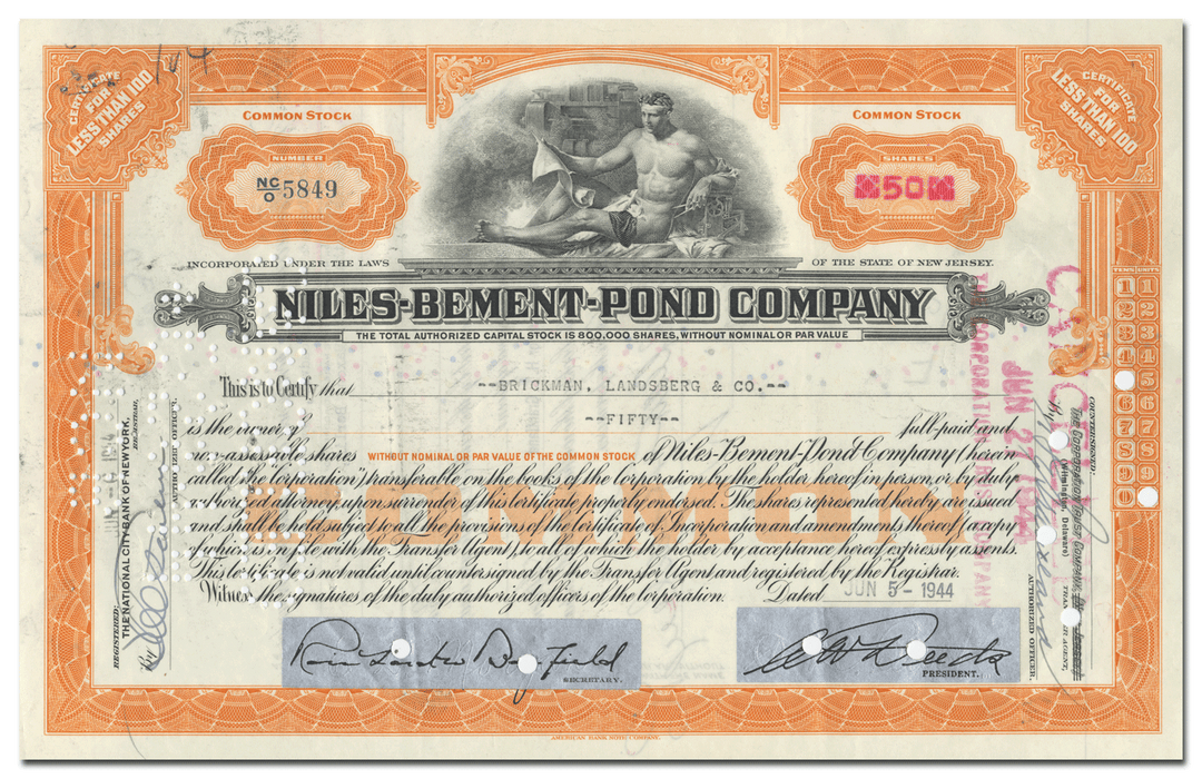 Niles - Bemont - Pond Company Stock Certificate