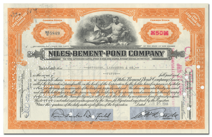 Niles - Bemont - Pond Company Stock Certificate