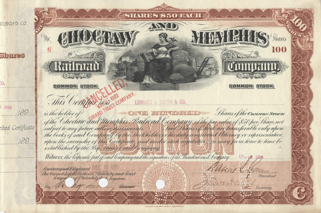 Choctaw and Memphis Railroad Company Stock Certificate