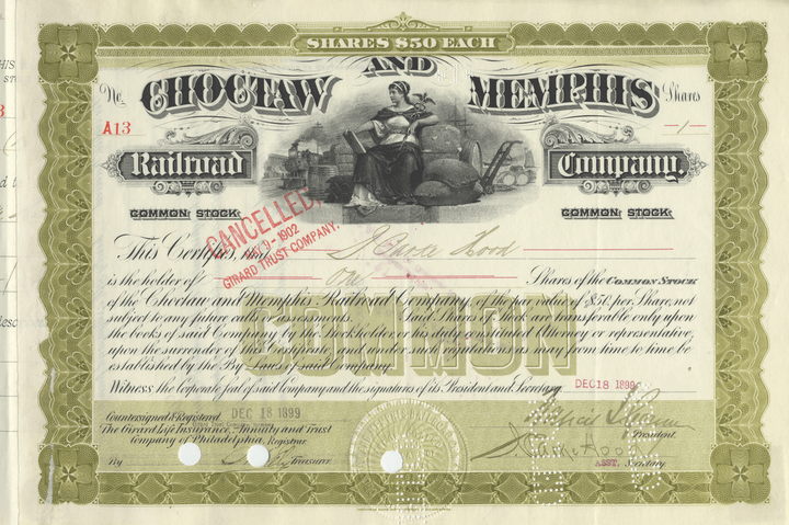 Choctaw and Memphis Railroad Company Stock Certificate