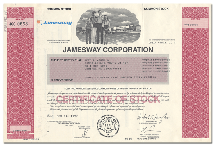 Jamesway Corporation Stock Certificate