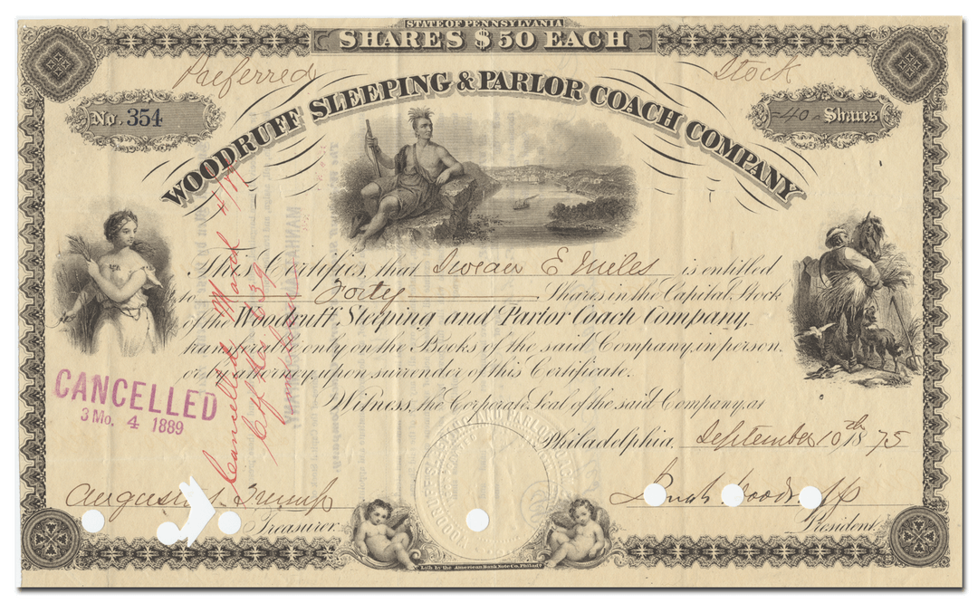 Woodruff Sleeping & Parlor Coach Company Stock Certificate Signed by Jonah Woodruff