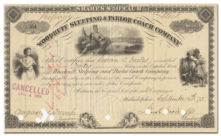 Woodruff Sleeping & Parlor Coach Company Stock Certificate Signed by Jonah Woodruff