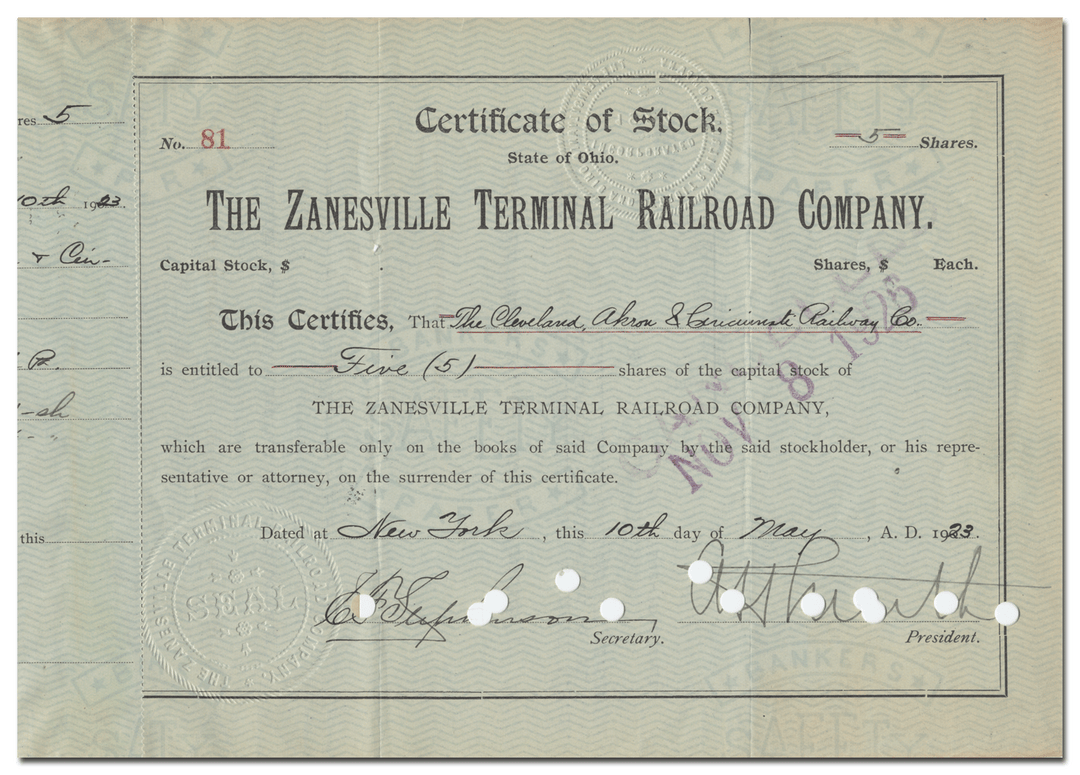 Zanesville Terminal Railroad Company Stock Certificate