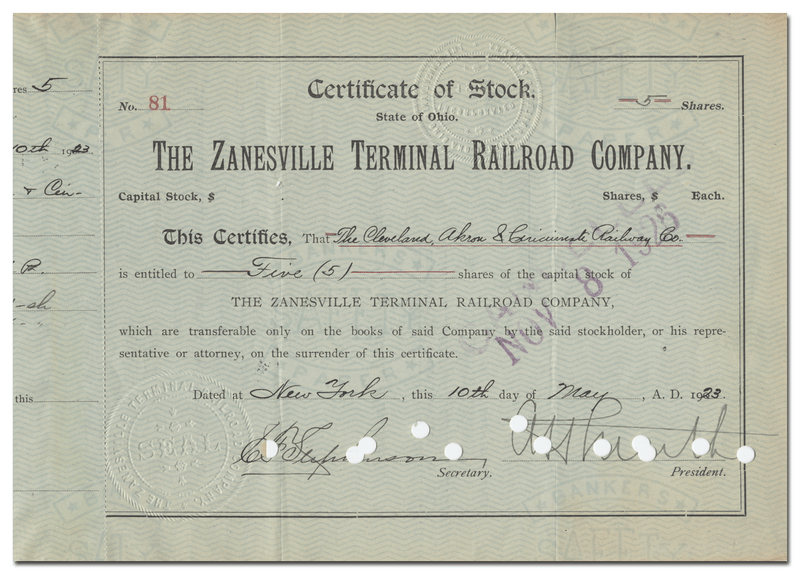 Zanesville Terminal Railroad Company Stock Certificate