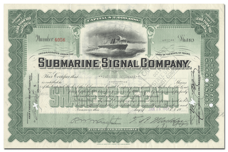 Submarine Signal Company Stock Certificate