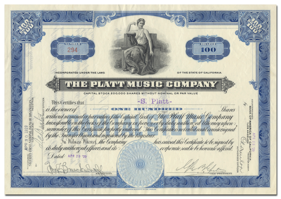 Platt Music Company Stock Certificate