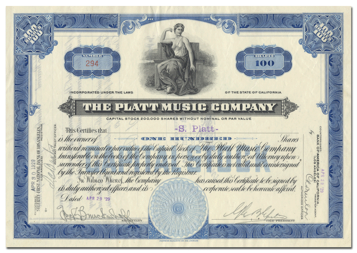 Platt Music Company Stock Certificate