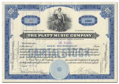 Platt Music Company Stock Certificate