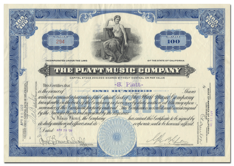 Platt Music Company Stock Certificate
