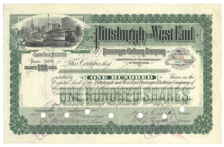 Pittsburgh and West End Passenger Railway Company Stock Certificate