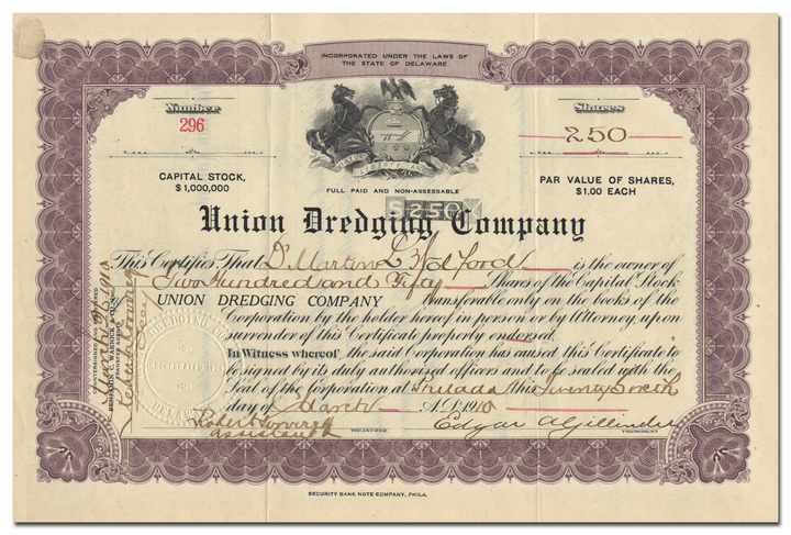 Union Dredging Company Stock Certificate