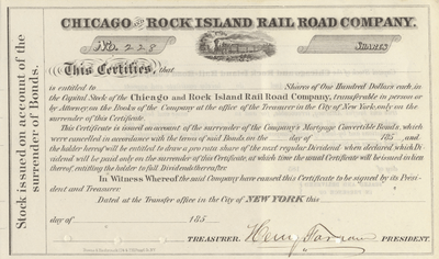 Chicago and Rock Island Railroad Company Stock Certificate Signed by Henry Farnam