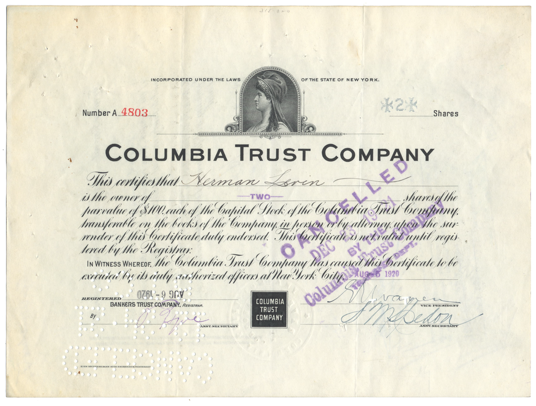 Columbia Trust Company Stock Certificate