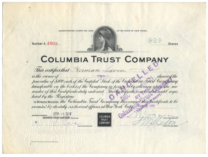 Columbia Trust Company Stock Certificate