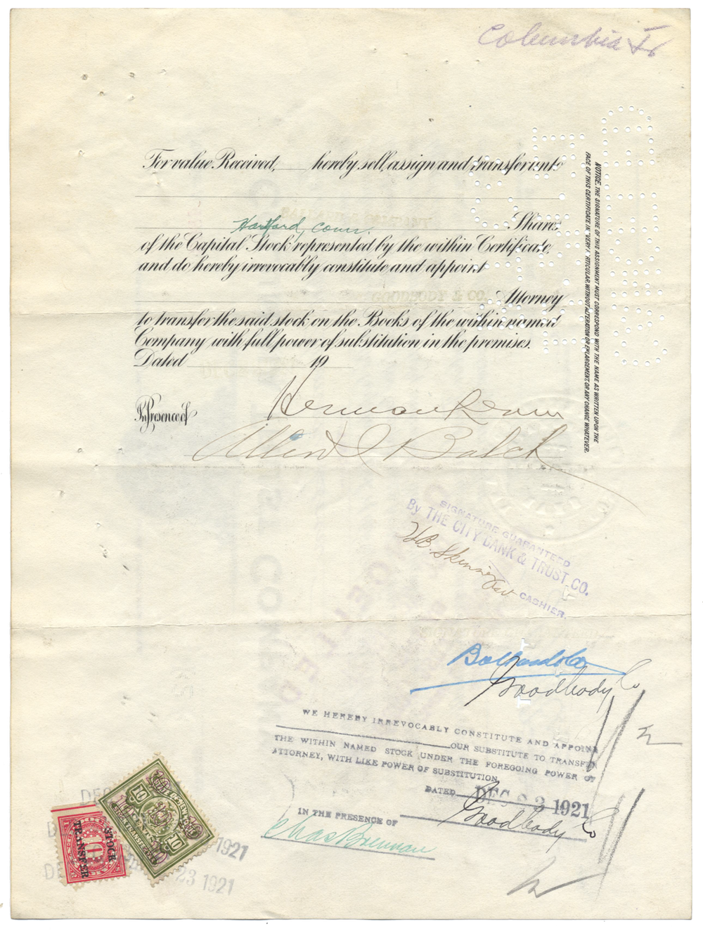 Columbia Trust Company Stock Certificate