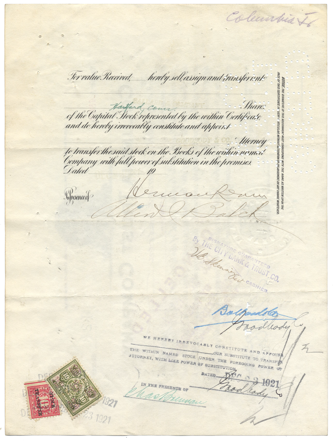 Columbia Trust Company Stock Certificate