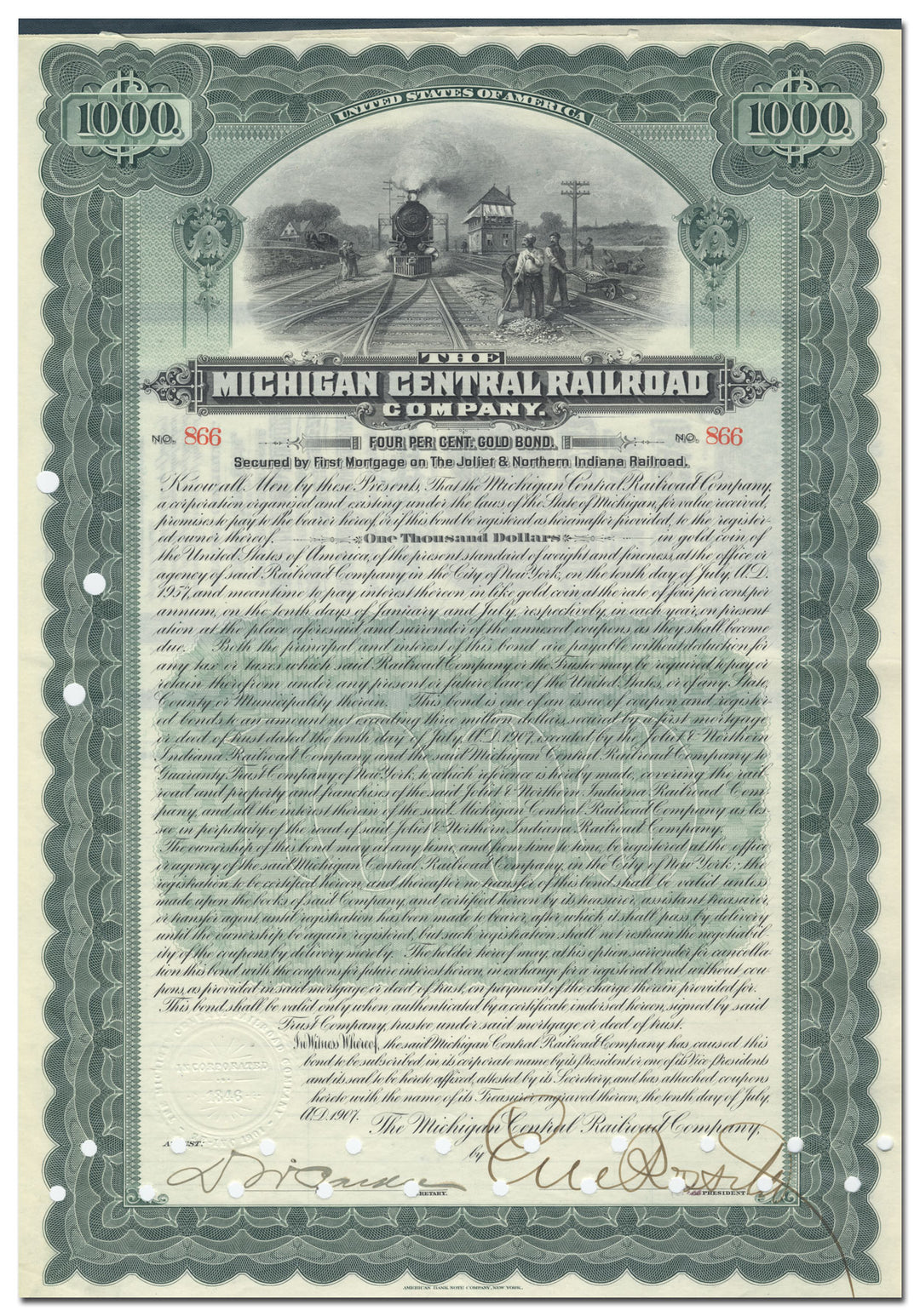 Michigan Central Railroad Company Bond Certificate