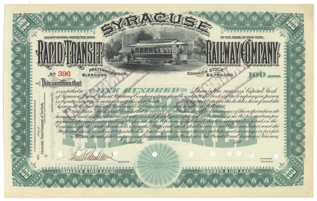 Syracuse Rapid Transit Railway Company Stock Certificate