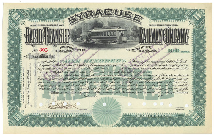 Syracuse Rapid Transit Railway Company Stock Certificate