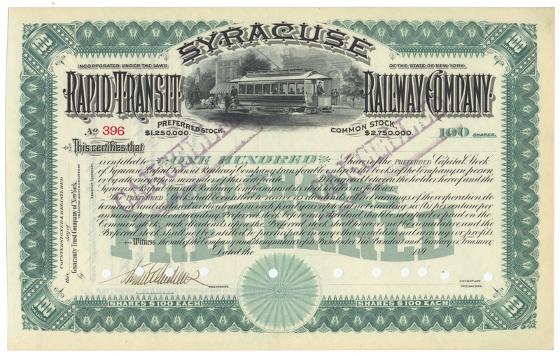 Syracuse Rapid Transit Railway Company Stock Certificate